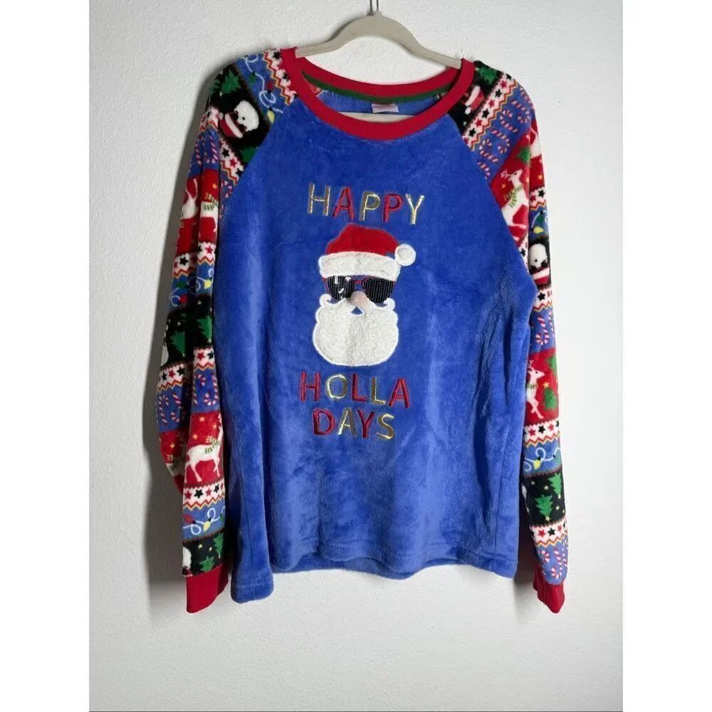 Secret Treasures "Happy Holla Days" Fleece Embroidered Pajama Top Sz 2X
